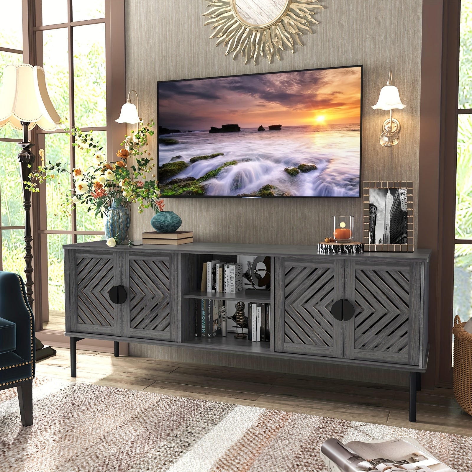 63'' TV Stands For Living Room, TV Console With 2-Layer Shelves, Modern Entertainment Center Television Stands With Storage, Wood Media Cabinet