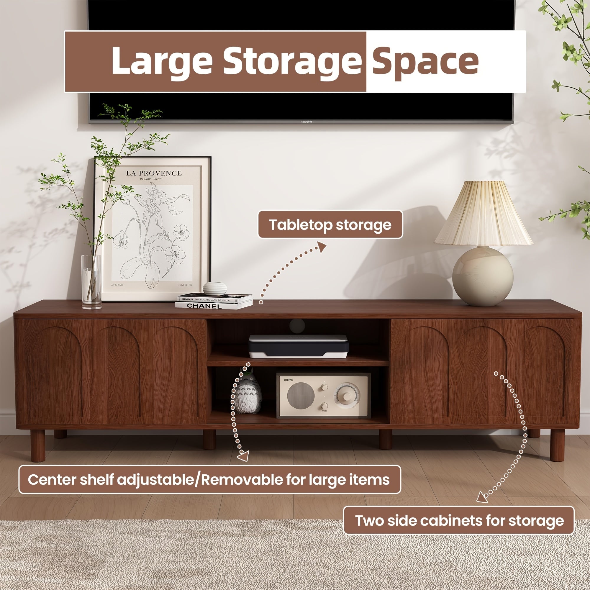 ORRD TV Stand for TVs Up to 70'', Entertainment Center with Large Storage for Living Room, Media Console with Sliding Doors And Adjustable Shelves, Modern TV Cabinet for Game Consoles And Decor, Easy-to-assemble