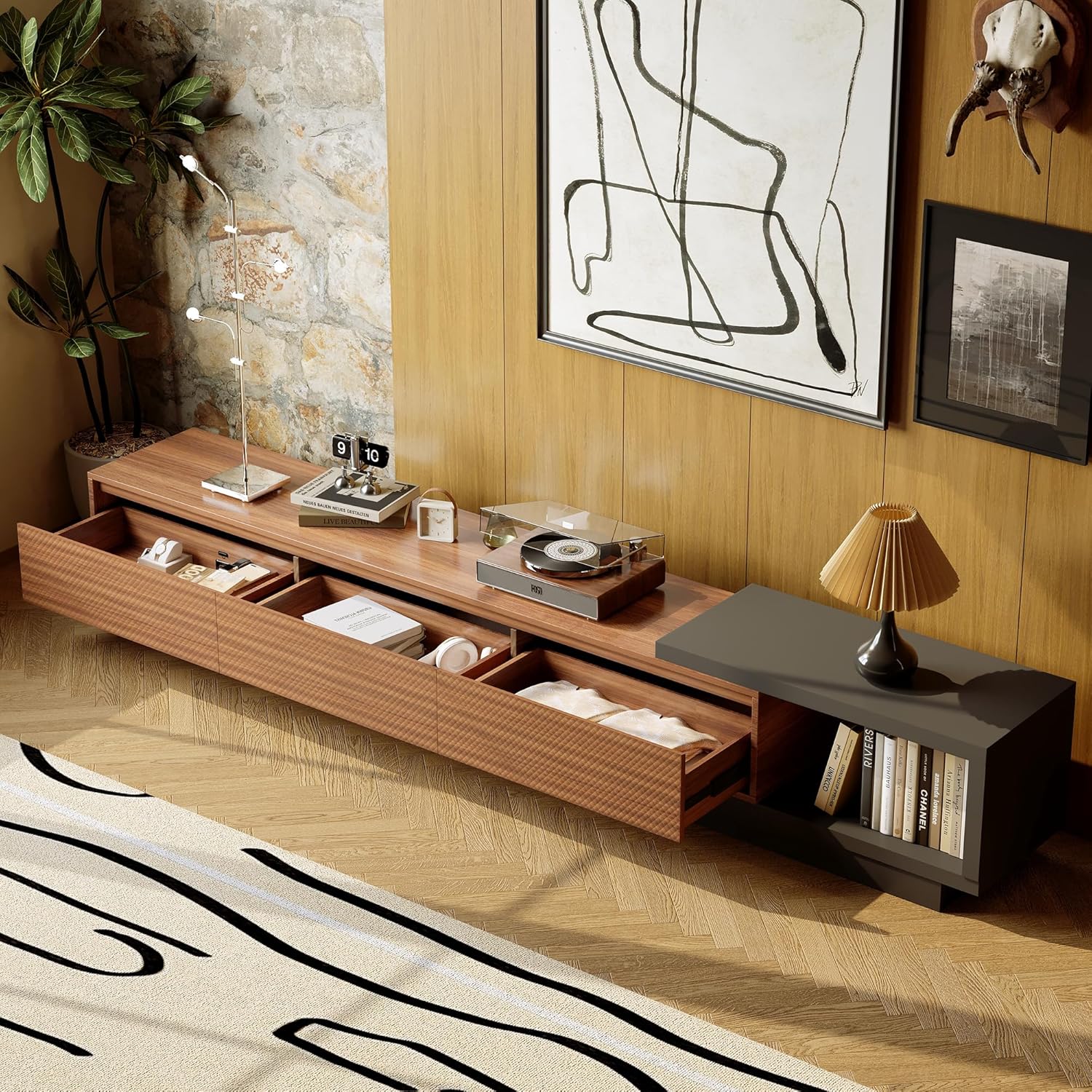 A Medieval Modern Style Retractable TV Cabinet Suitable for Tvs 80 Inches And Larger, with Adjustable Height from 78.7 Inches to 103.1 Inches, Featuring Cross Drawers, a Spacious Storage Entertainment Center, in Walnut And Gray Colors