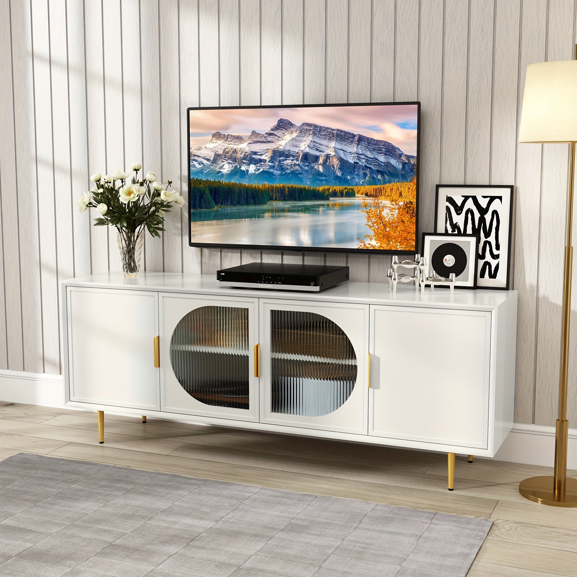 Contemporary Television Stand Designed for 70-Inch Tvs, Featuring a Console with Four Glass Doors, an Entertainment Center That Includes a Storage Cabinet, a Wooden Media Cabinet with Golden Legs, And Suitable for 65-Inch Tvs in The Living Room