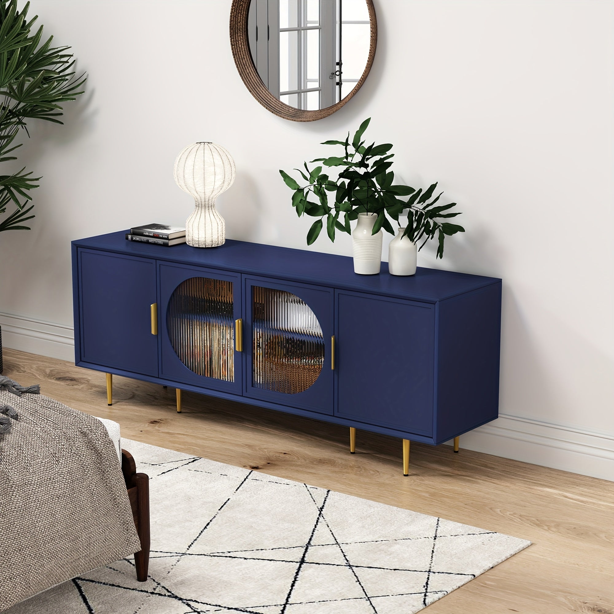 Contemporary Television Stand Designed for 70-Inch Tvs, Featuring a Console with Four Glass Doors, an Entertainment Center That Includes a Storage Cabinet, a Wooden Media Cabinet with Golden Legs, And Suitable for 65-Inch Tvs in The Living Room