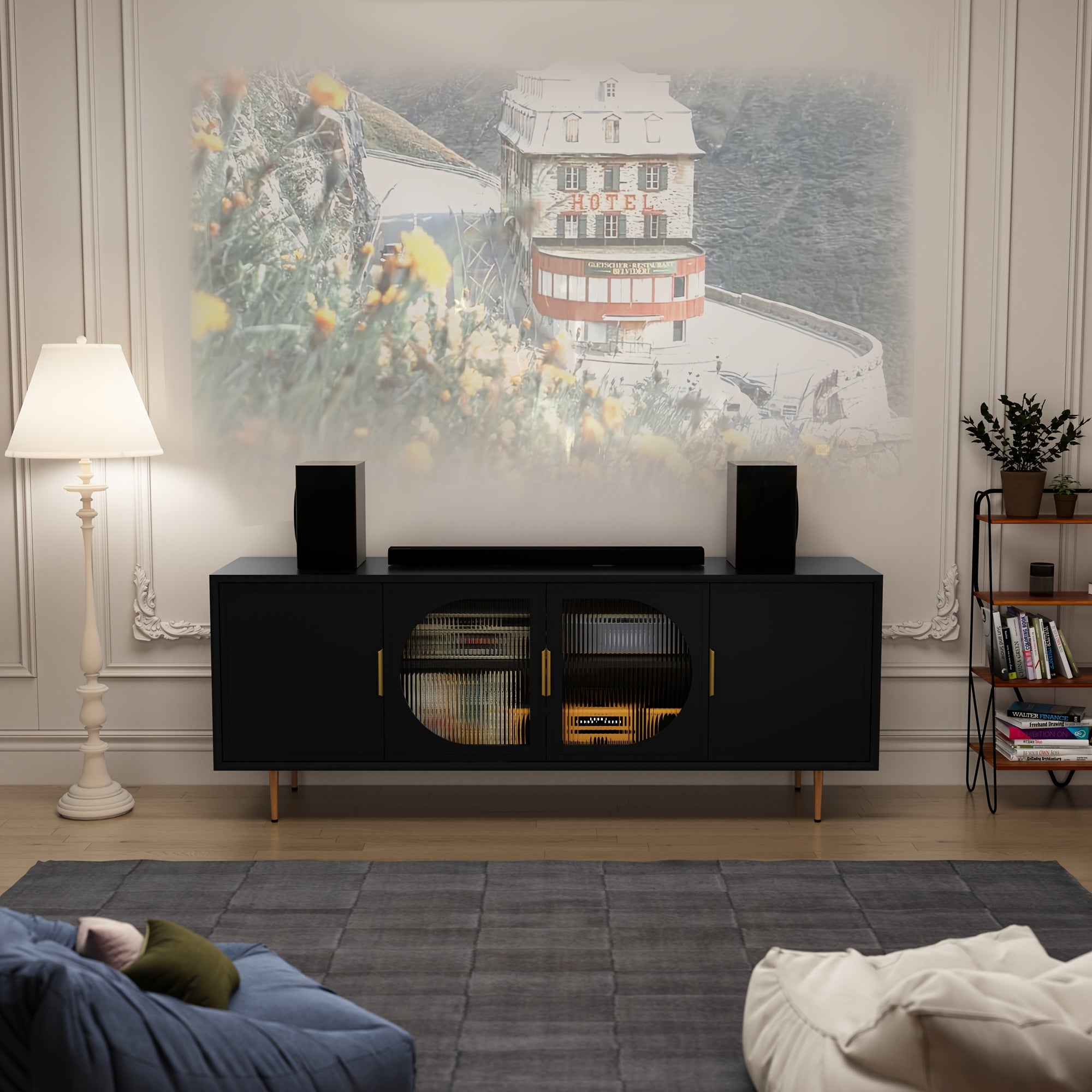 Contemporary Television Stand Designed for 70-Inch Tvs, Featuring a Console with Four Glass Doors, an Entertainment Center That Includes a Storage Cabinet, a Wooden Media Cabinet with Golden Legs, And Suitable for 65-Inch Tvs in The Living Room