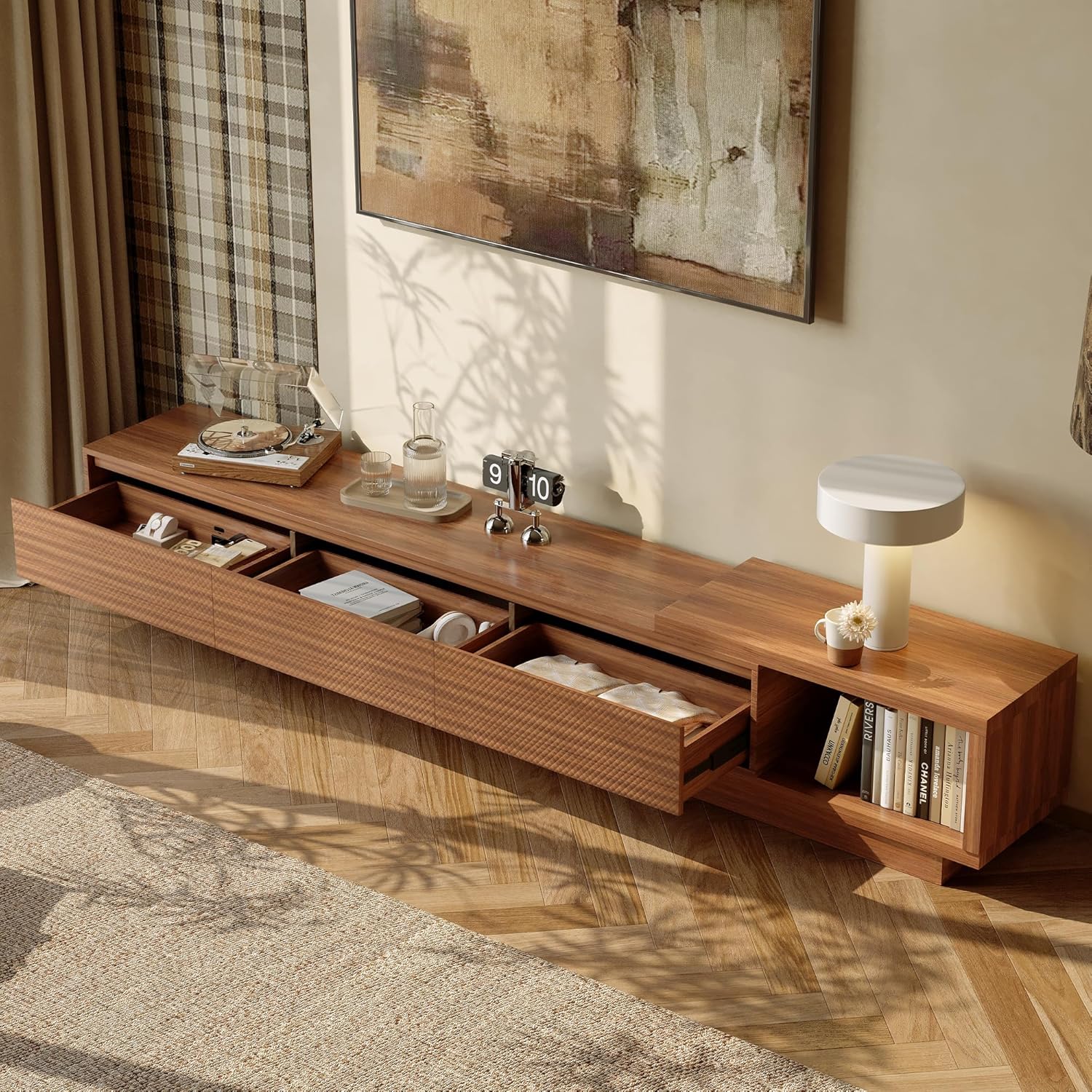 A Medieval Modern Style Retractable TV Cabinet Suitable for Tvs 80 Inches And Larger, with Adjustable Height from 78.7 Inches to 103.1 Inches, Featuring Cross Drawers, a Spacious Storage Entertainment Center, in Walnut And Gray Colors