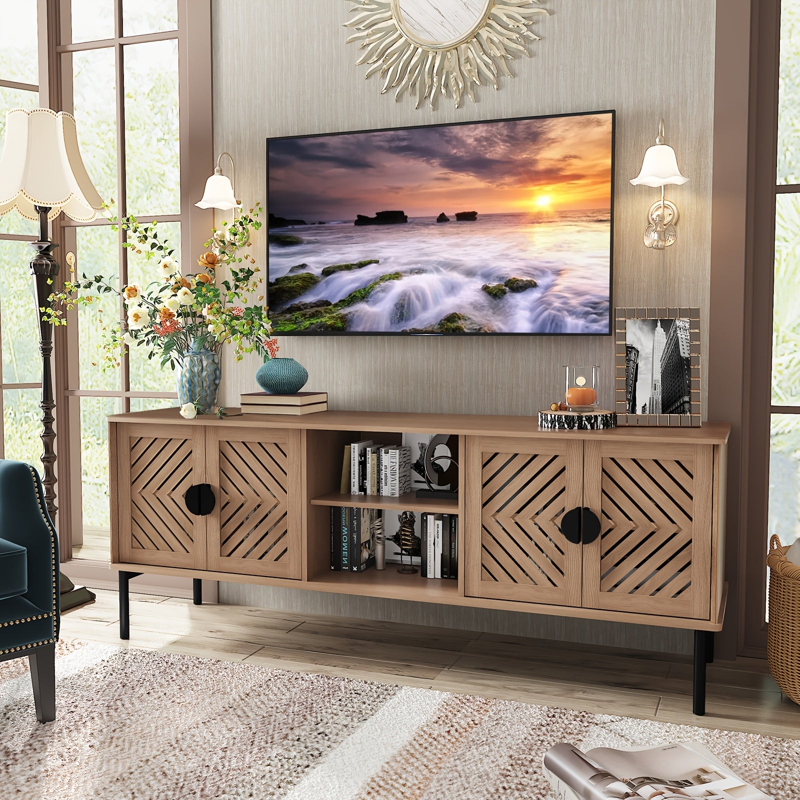 63'' TV Stands For Living Room, TV Console With 2-Layer Shelves, Modern Entertainment Center Television Stands With Storage, Wood Media Cabinet