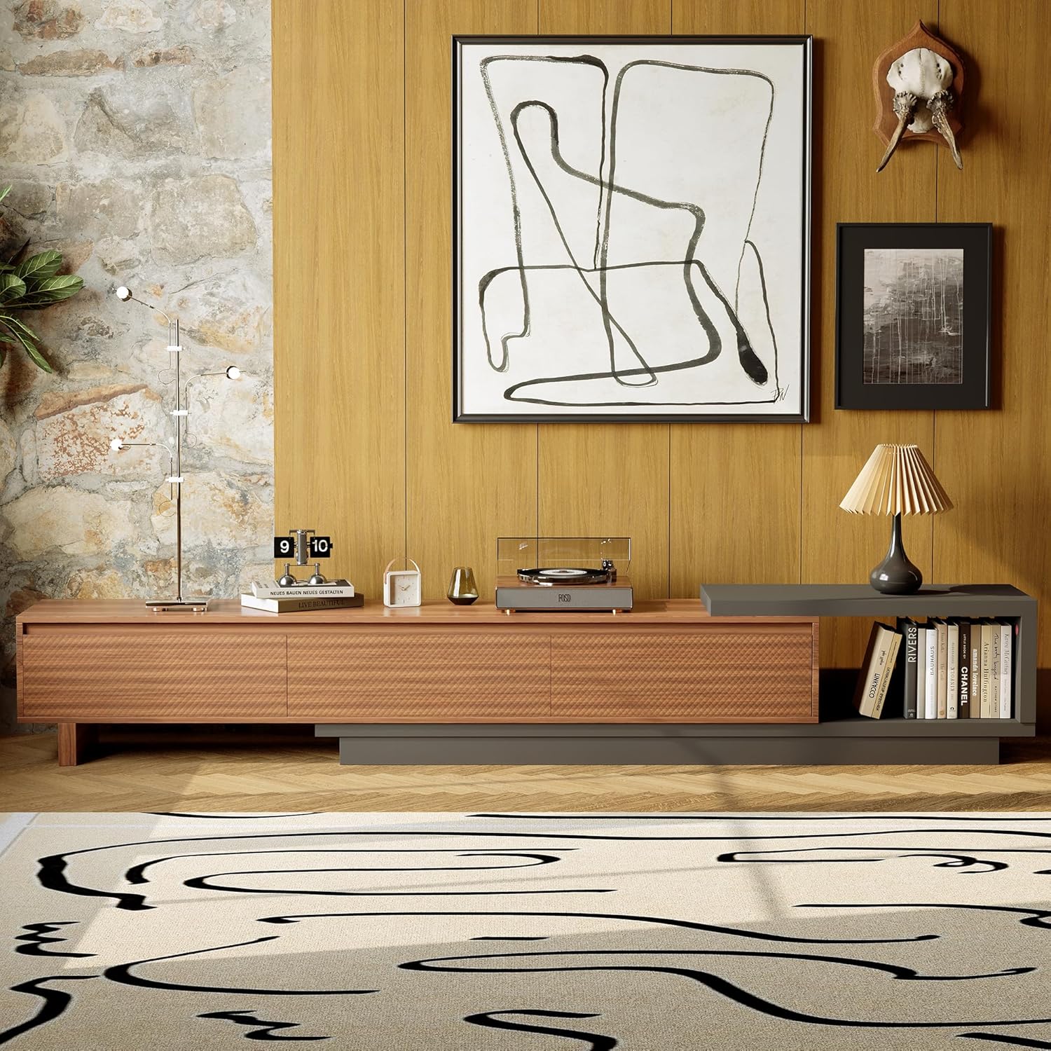 A Medieval Modern Style Retractable TV Cabinet Suitable for Tvs 80 Inches And Larger, with Adjustable Height from 78.7 Inches to 103.1 Inches, Featuring Cross Drawers, a Spacious Storage Entertainment Center, in Walnut And Gray Colors