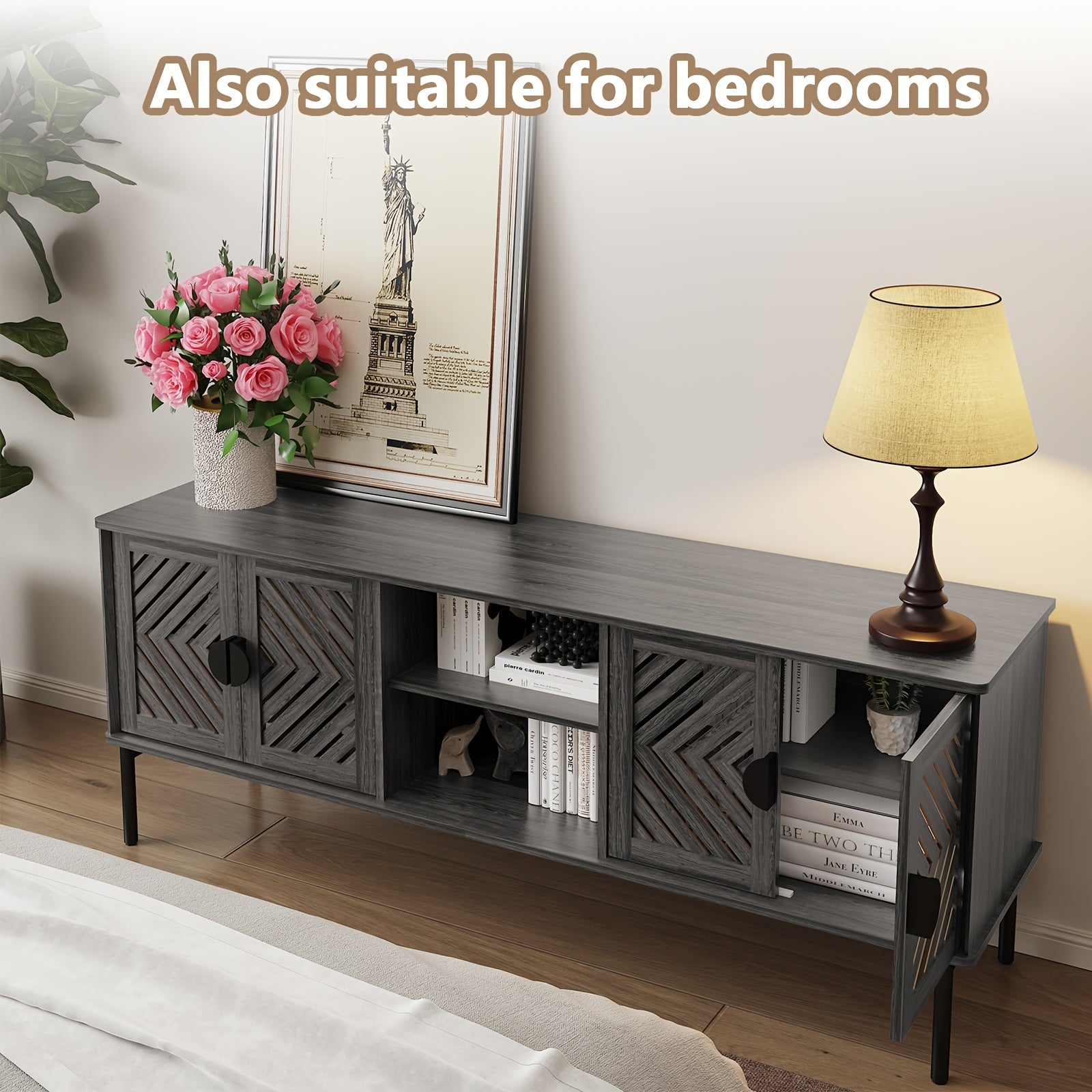 63'' TV Stands For Living Room, TV Console With 2-Layer Shelves, Modern Entertainment Center Television Stands With Storage, Wood Media Cabinet