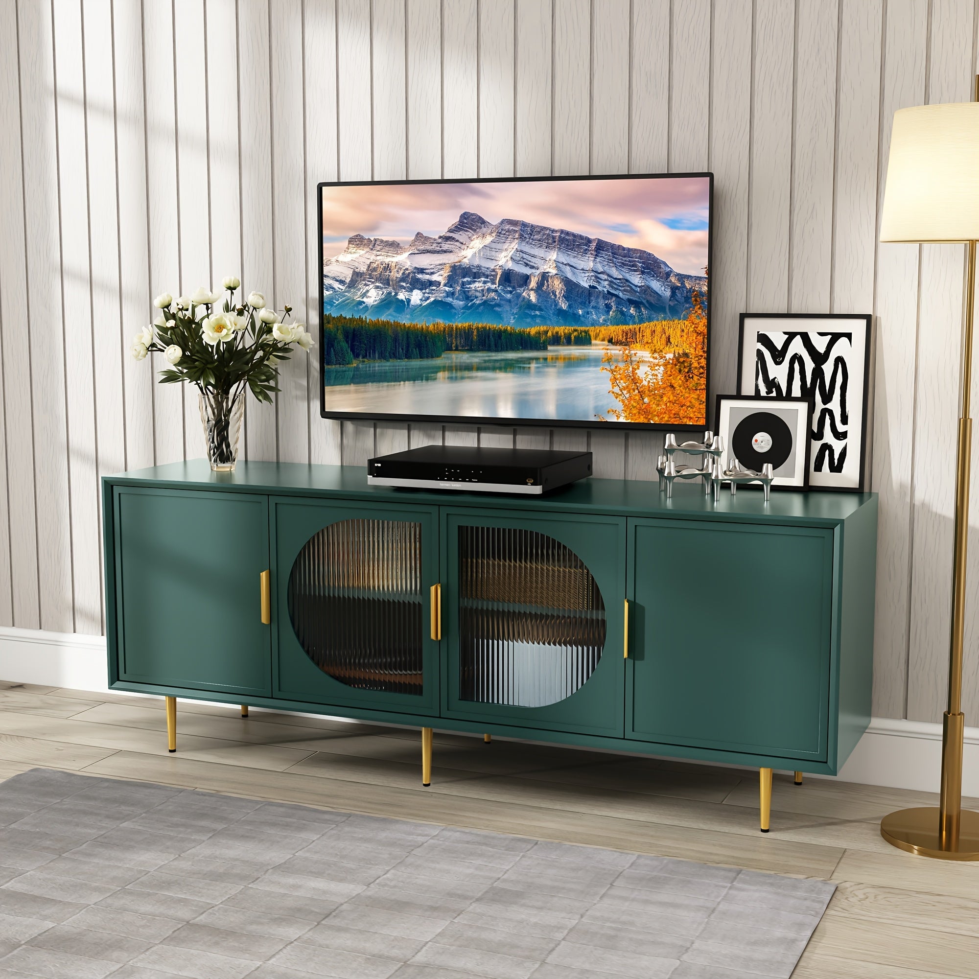 Contemporary Television Stand Designed for 70-Inch Tvs, Featuring a Console with Four Glass Doors, an Entertainment Center That Includes a Storage Cabinet, a Wooden Media Cabinet with Golden Legs, And Suitable for 65-Inch Tvs in The Living Room