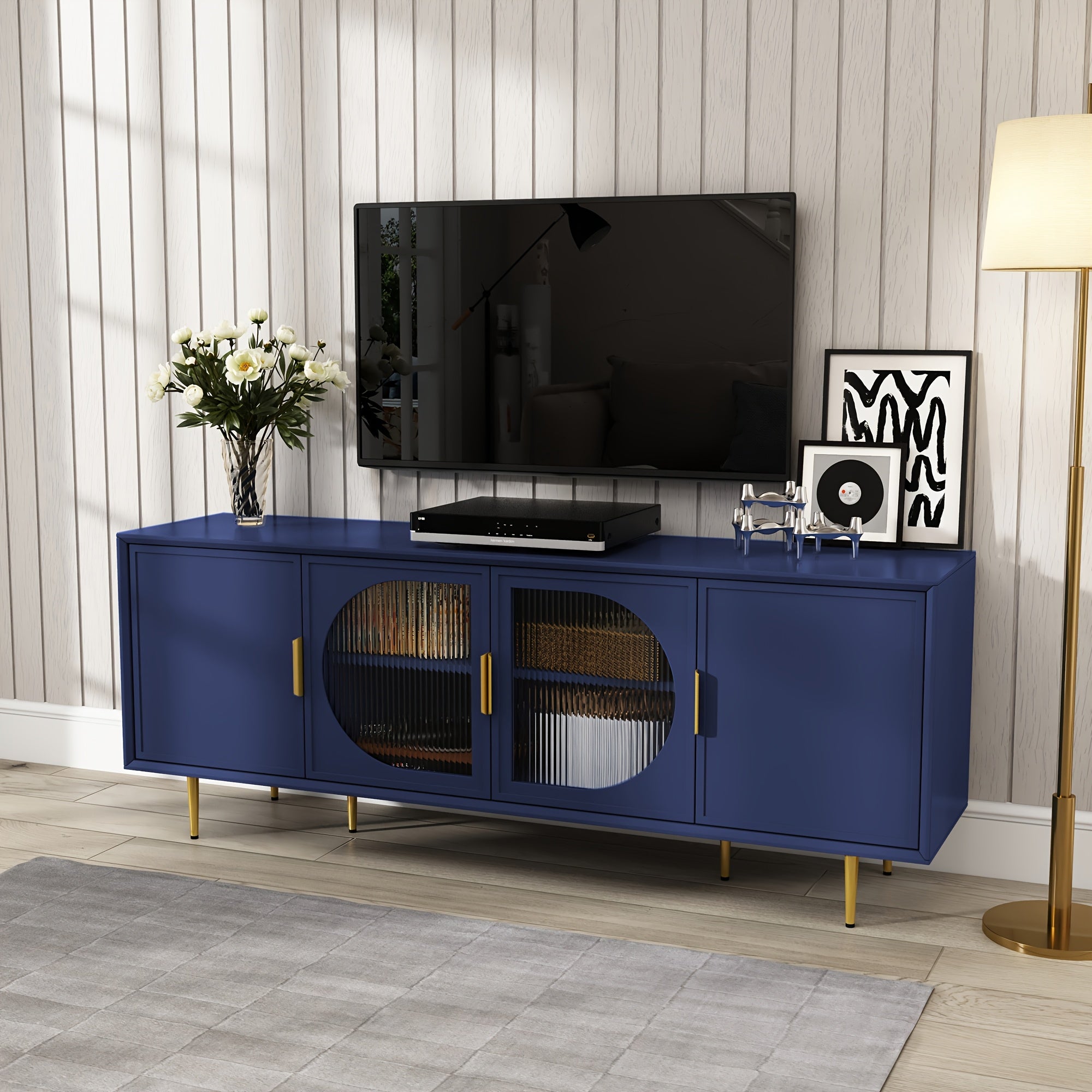 Contemporary Television Stand Designed for 70-Inch Tvs, Featuring a Console with Four Glass Doors, an Entertainment Center That Includes a Storage Cabinet, a Wooden Media Cabinet with Golden Legs, And Suitable for 65-Inch Tvs in The Living Room
