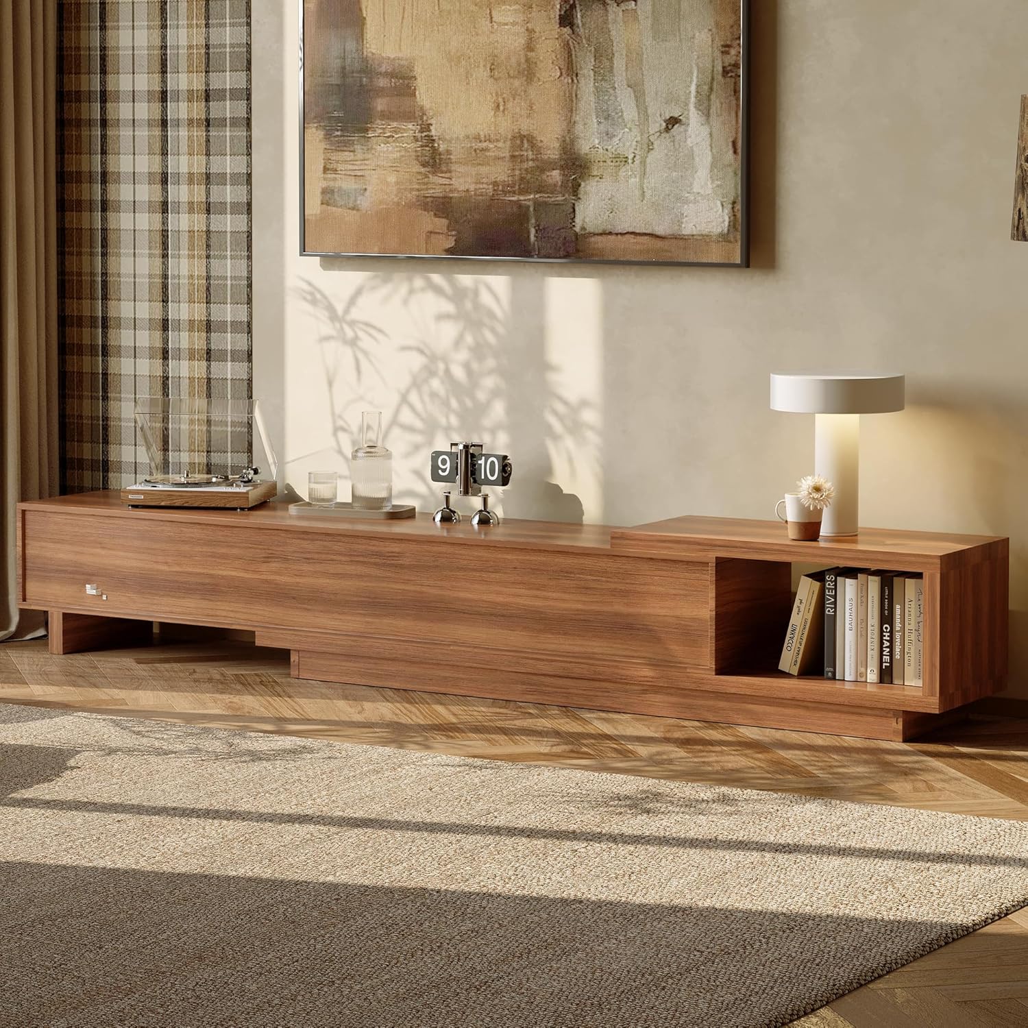 A Medieval Modern Style Retractable TV Cabinet Suitable for Tvs 80 Inches And Larger, with Adjustable Height from 78.7 Inches to 103.1 Inches, Featuring Cross Drawers, a Spacious Storage Entertainment Center, in Walnut And Gray Colors