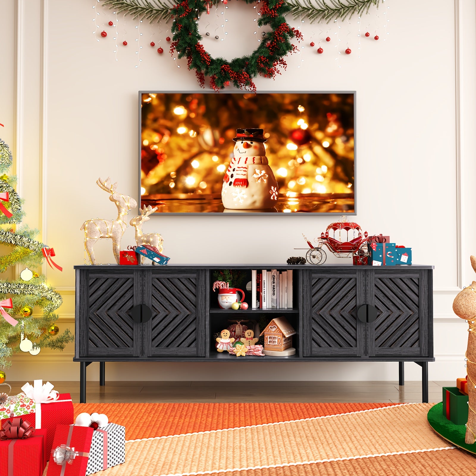 63'' TV Stands For Living Room, TV Console With 2-Layer Shelves, Modern Entertainment Center Television Stands With Storage, Wood Media Cabinet