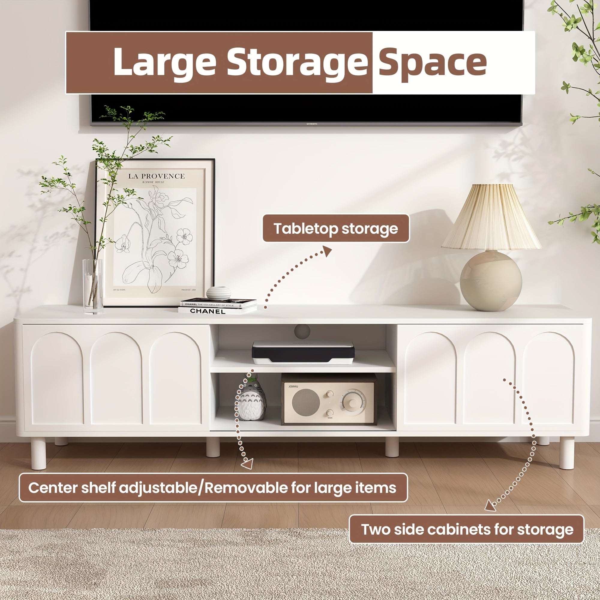 ORRD TV Stand for TVs Up to 70'', Entertainment Center with Large Storage for Living Room, Media Console with Sliding Doors And Adjustable Shelves, Modern TV Cabinet for Game Consoles And Decor, Easy-to-assemble