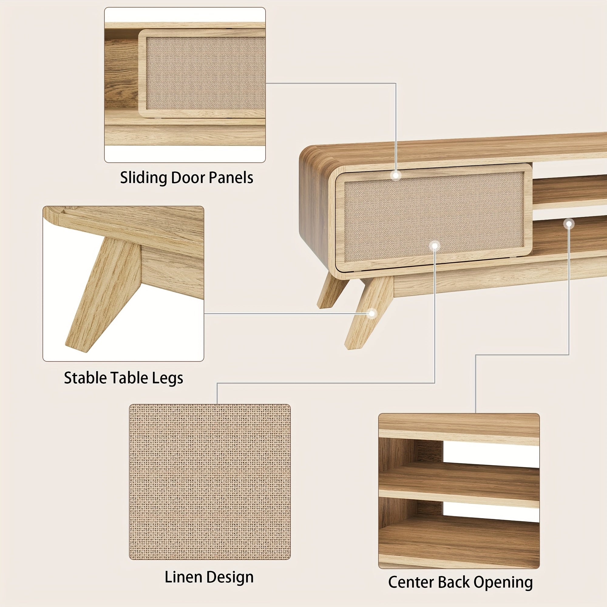 ORRD Boho TV Stand For 65 Inch TV, Modern Entertainment Center With Storage, Wooden TV Cabinet TV Table With Nature Linen Doors, Media Console TV Consoles For Living Room Bedroom, Office, Easy-to-assemble