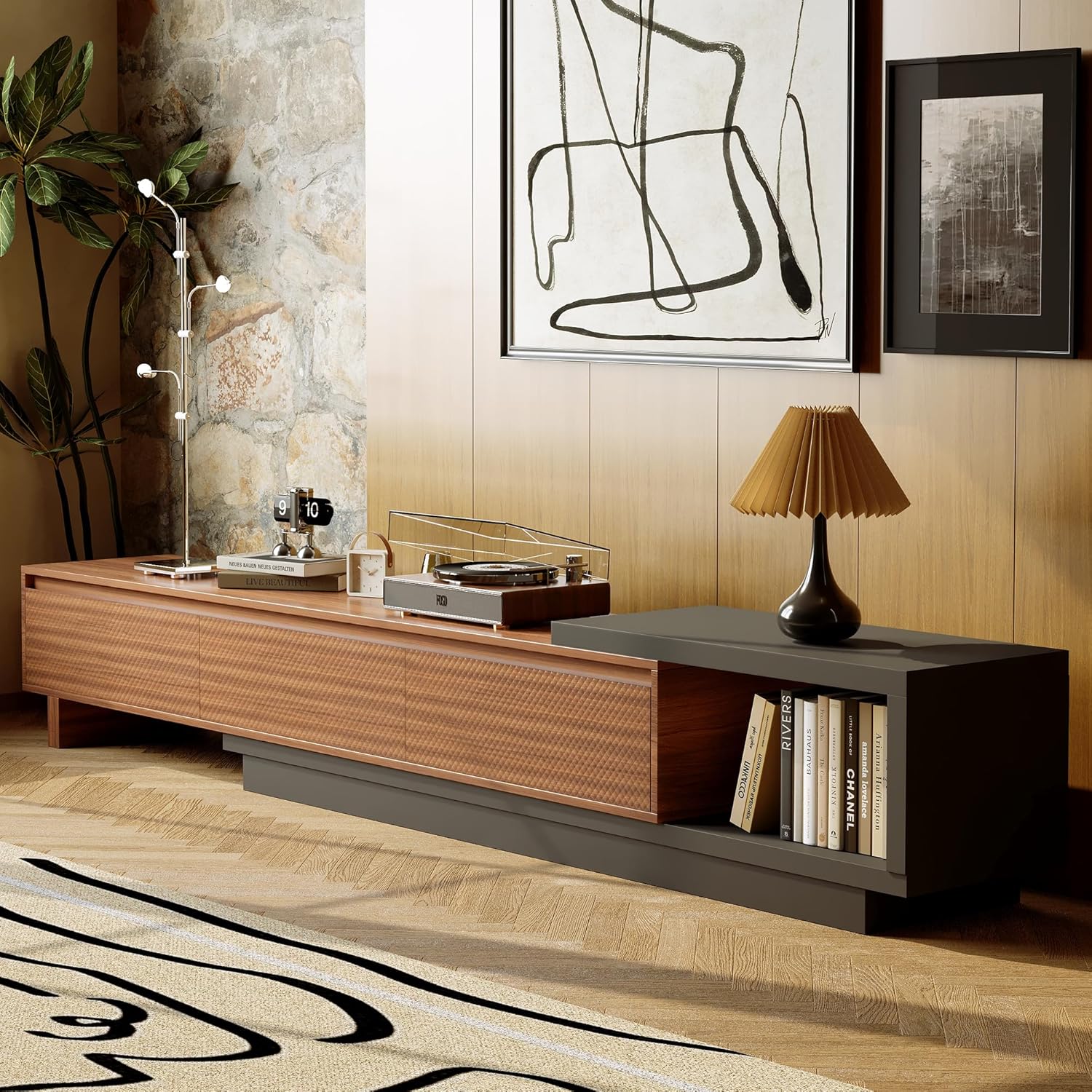 A Medieval Modern Style Retractable TV Cabinet Suitable for Tvs 80 Inches And Larger, with Adjustable Height from 78.7 Inches to 103.1 Inches, Featuring Cross Drawers, a Spacious Storage Entertainment Center, in Walnut And Gray Colors