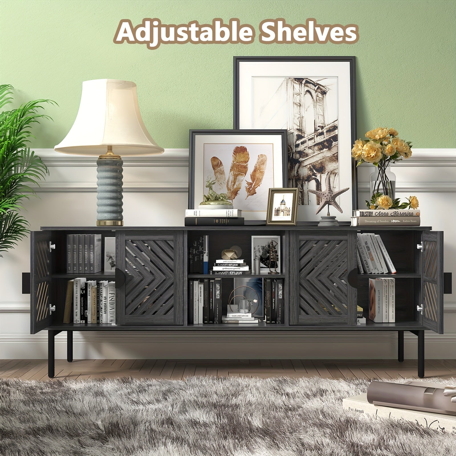 63'' TV Stands For Living Room, TV Console With 2-Layer Shelves, Modern Entertainment Center Television Stands With Storage, Wood Media Cabinet