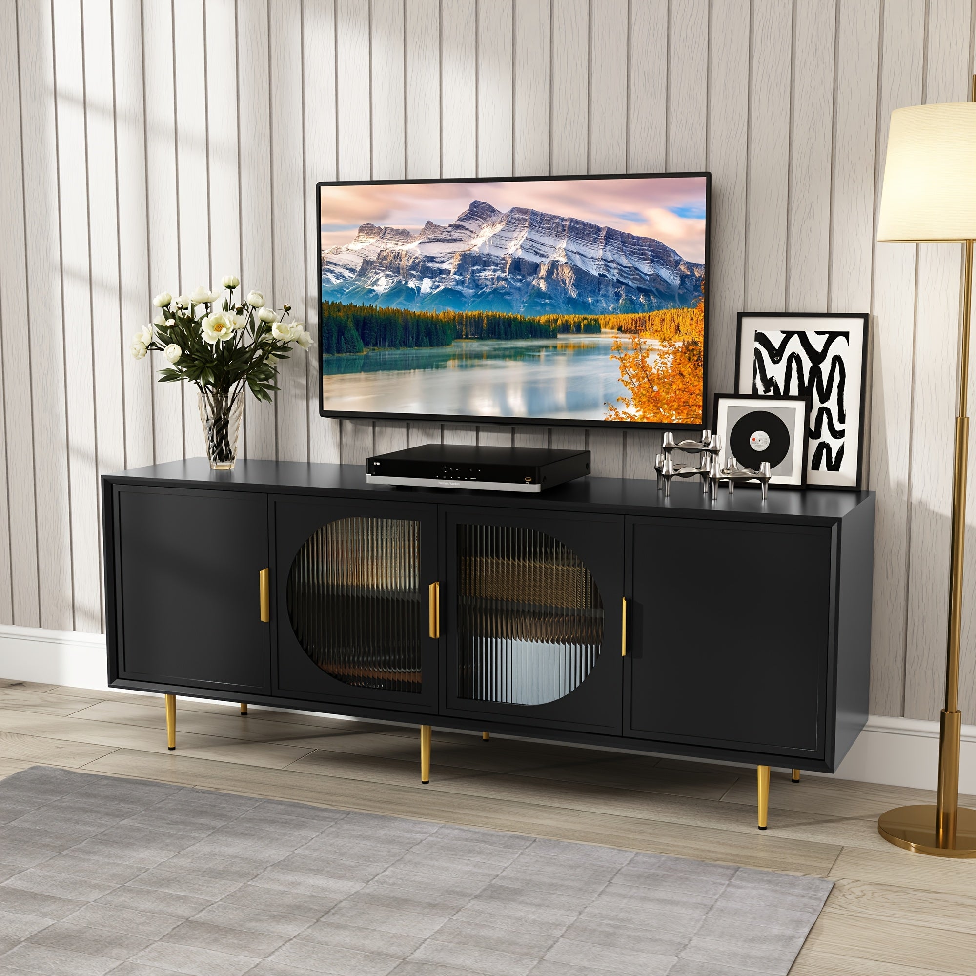 Contemporary Television Stand Designed for 70-Inch Tvs, Featuring a Console with Four Glass Doors, an Entertainment Center That Includes a Storage Cabinet, a Wooden Media Cabinet with Golden Legs, And Suitable for 65-Inch Tvs in The Living Room