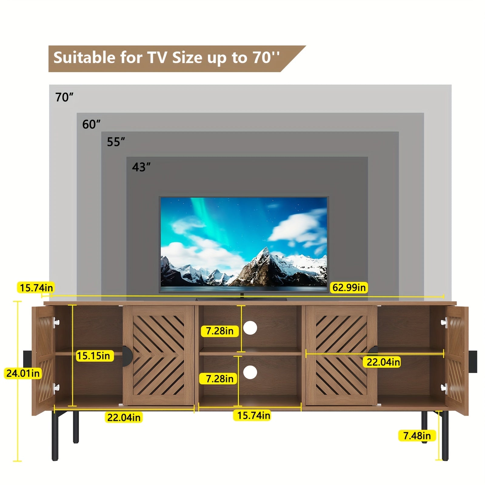 63'' TV Stands For Living Room, TV Console With 2-Layer Shelves, Modern Entertainment Center Television Stands With Storage, Wood Media Cabinet