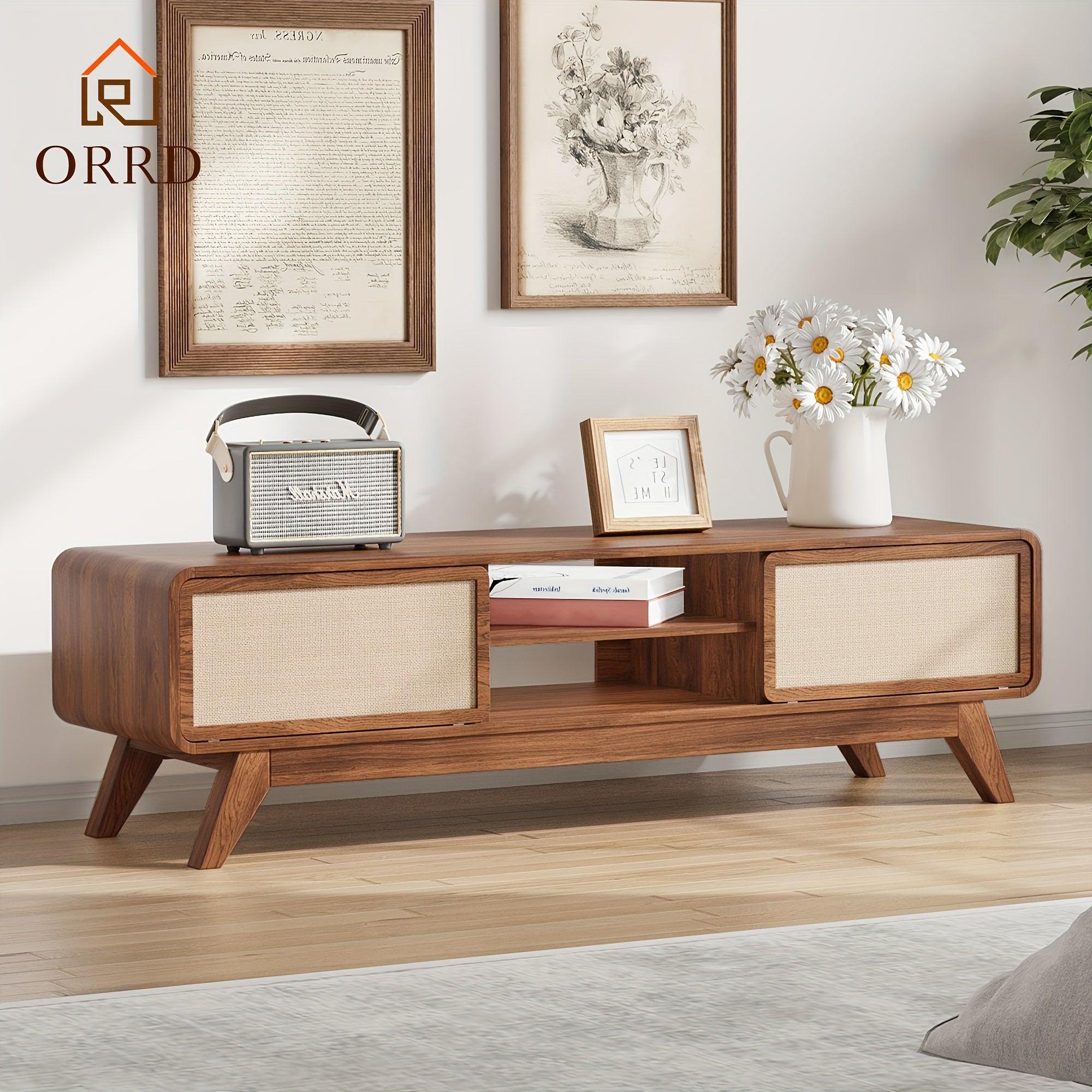 ORRD Boho TV Stand For 65 Inch TV, Modern Entertainment Center With Storage, Wooden TV Cabinet TV Table With Nature Linen Doors, Media Console TV Consoles For Living Room Bedroom, Office, Easy-to-assemble