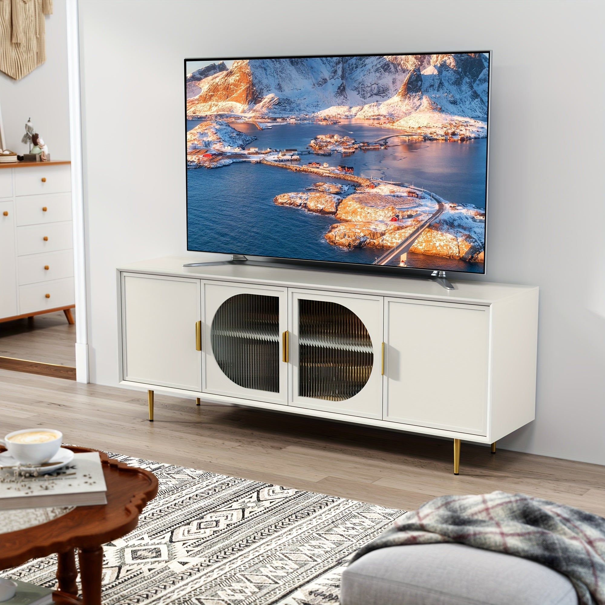 Contemporary Television Stand Designed for 70-Inch Tvs, Featuring a Console with Four Glass Doors, an Entertainment Center That Includes a Storage Cabinet, a Wooden Media Cabinet with Golden Legs, And Suitable for 65-Inch Tvs in The Living Room