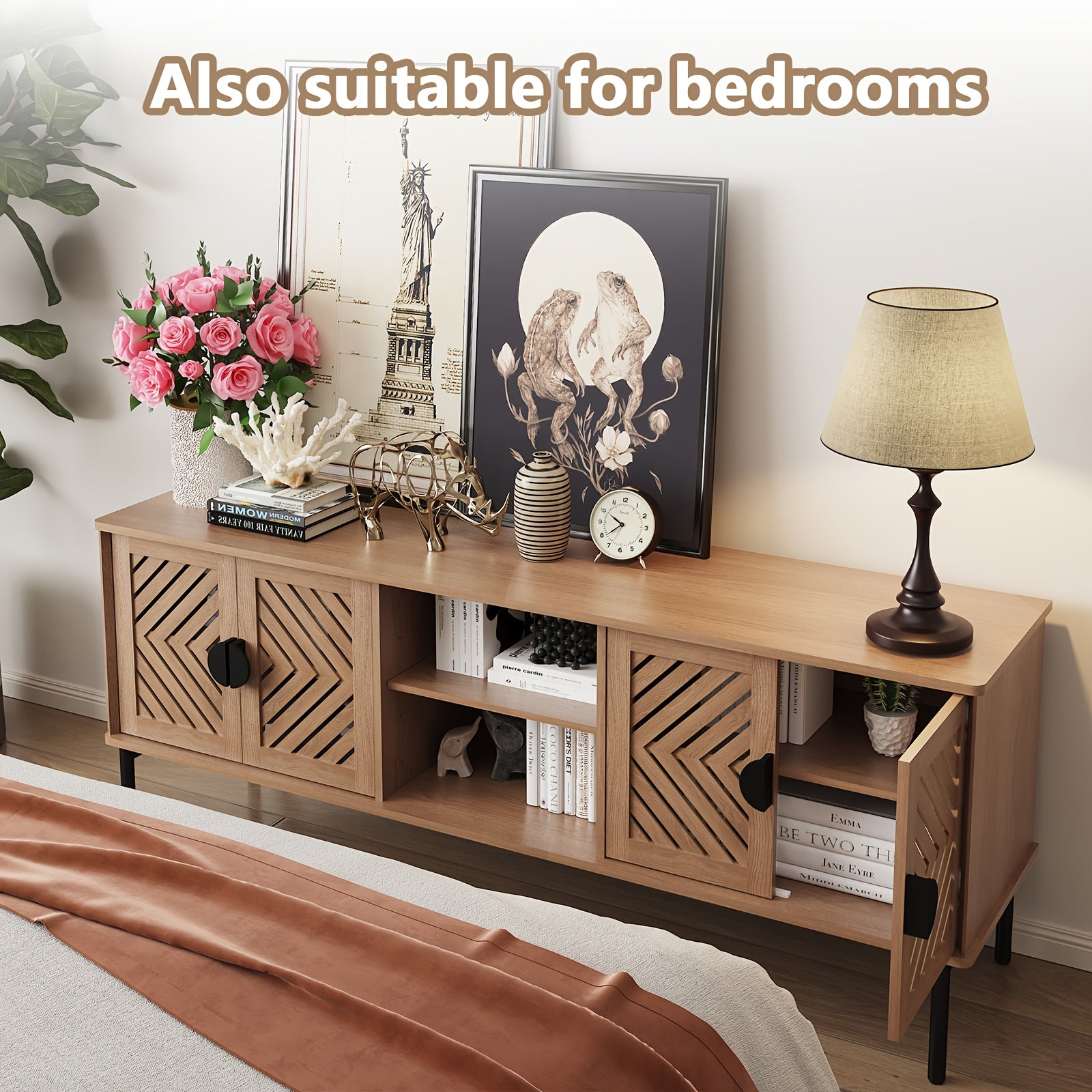 63'' TV Stands For Living Room, TV Console With 2-Layer Shelves, Modern Entertainment Center Television Stands With Storage, Wood Media Cabinet