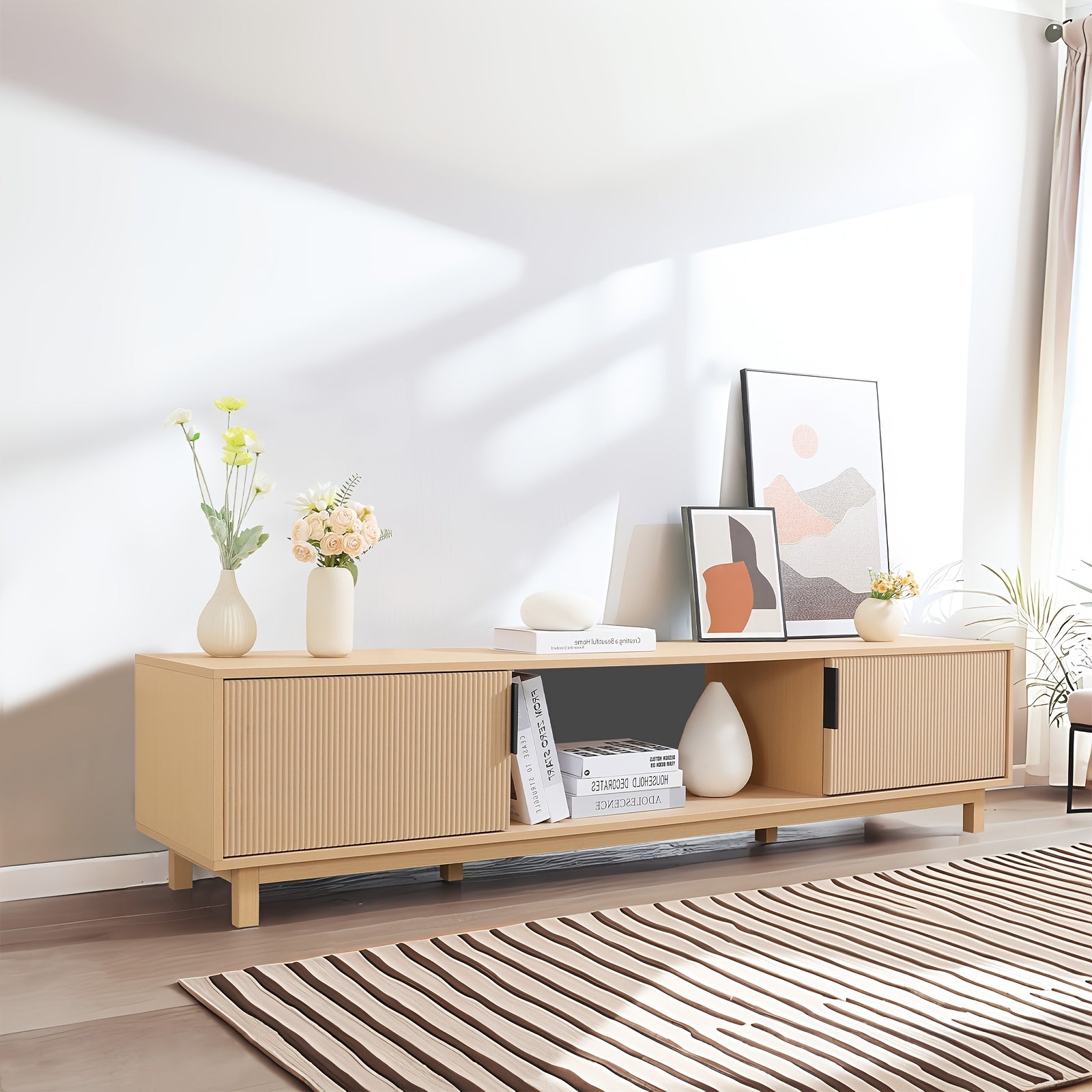 70-Inch Oak Television Stand Featuring a Recessed Groove, Ideal for 65\u002F70\u002F75-Inch Televisions, Bohemian-Style Media Console for Living Rooms, TV Entertainment Center with Storage Capability, Wooden TV Cabinet for Bedrooms