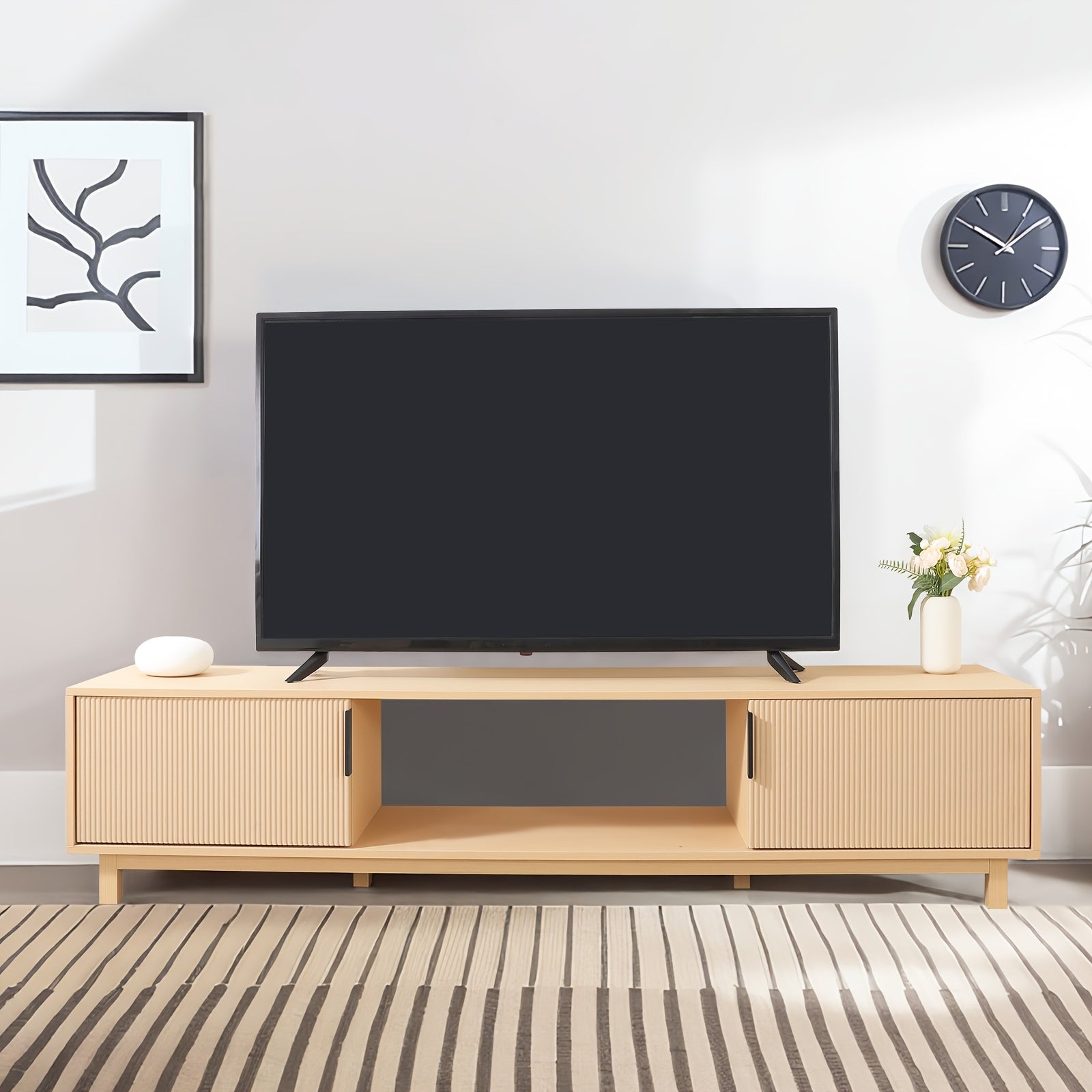 70-Inch Oak Television Stand Featuring a Recessed Groove, Ideal for 65\u002F70\u002F75-Inch Televisions, Bohemian-Style Media Console for Living Rooms, TV Entertainment Center with Storage Capability, Wooden TV Cabinet for Bedrooms